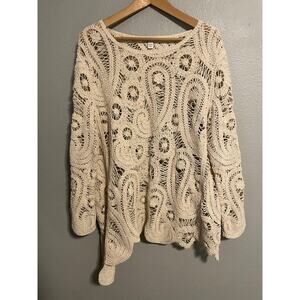 Cato Tunic Womens Plus 18/20W White Crochet Paisley Asymmetric Hem Sheer Boho